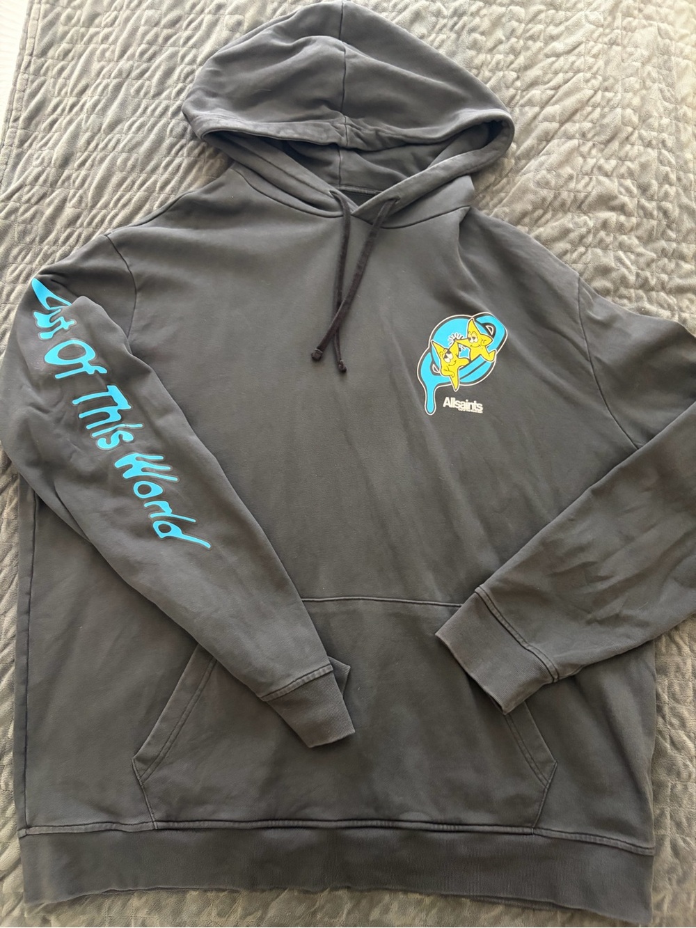 All Saints “Out of this world” Men's Charcoal Gray Graphic Hoodie - Blue Accent